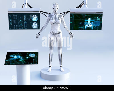 3D-Rendering eines Roboters stehende Frau mit geschlossenen Augen. Sie ist für das Scannen von Bildern oder das Aufladen ihrer künstlichen Intelligenz verbunden. Futuristisch Stockfoto