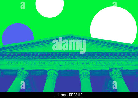 Ansicht von unten auf das römische Pantheon architrav. Grünen und blauen Duplex mit weißen und blauen Kreise Stockfoto