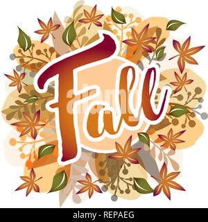 Herbst-Set verschiedener Blätter, braun, orange, gelb und grün hinter einem runden Rahmen mit dem Wort fallen in der Mitte. Für Hintergründe, Karten, Plakate.. Stock Vektor