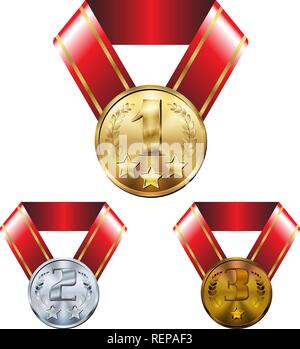 Abbildung: Gold, Silber und Bronze Medaille am roten Band. Satz Medaillen für Sport, Spiel und verschiedene Leistungen ausgezeichnet. Realistische Metallic-look. Stock Vektor