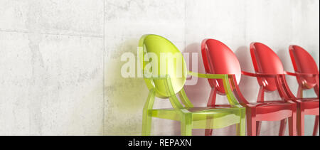 Verschiedene Stuhl aus Kunststoff Konzept der Einzigartigkeit 3D Rendering image Stockfoto
