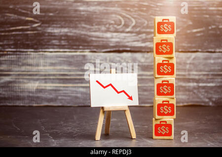 Holzwürfel mit dem Bild des Dollar und den Pfeil nach unten. Finanz- und Wirtschaftskrise. Die Gewinne. Gehaltskürzung. Konkurs. Low incom Stockfoto