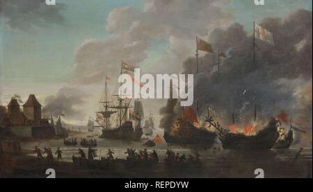 Die niederländische Brennen englischen Schiffe während der niederländischen Raid auf der Medway, 20. Juni 1667. Datierung: 1667 - 1669. Maße: H 93 cm x w 156,5 cm; d 4cm. Museum: Rijksmuseum, Amsterdam. Autor: JAN VAN LEYDEN. Stockfoto