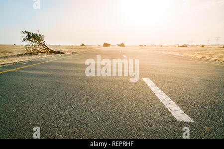 Sand weht über einer Wüste Straße in der Nähe von Dubai in den Vereinigten Arabischen Emiraten. Stockfoto