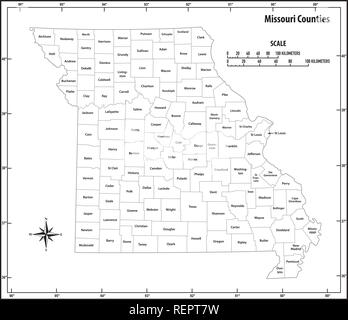 Missouri State Umrisse administrative und politische Vektorkarte in Schwarz und Weiß Stock Vektor