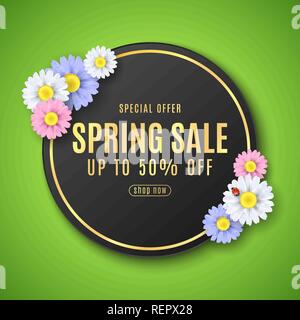 Frühling Verkauf Banner. Papier runde Label. Bunte Blumen. Marienkäfer auf einem Daisy. Saisonale super Sale. Angebot. Schwarzen Aufkleber. Vektor illustratio Stock Vektor