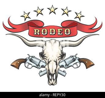 Stier Schädel mit paar Revolver und Band mit Wortlaut Rodeo im Tattoo Style erstellt. Vector Illustration Stock Vektor