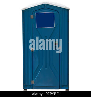 Blau tragbare Toilette mit leeren Schild an der Tür. Auf weissem Hintergrund. Stockfoto