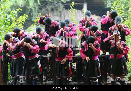 Guangxi, Guangxi, China. 23 Jan, 2019. Guangxi, China - Die Huangluo Dorf Yao ethnischen Minderheit, im Südwesten ChinaÃ¢â'¬â"¢s Guangxi befindet, ist als Ã¢â'¬Å" Dorf lange HairÃ¢â'¬Â betitelt, weil es mehr als 60 weiblichen Dorfbewohner mit langen Haaren von 1,4 m entfernt sind. Die durchschnittliche Länge der weiblichen Dorfbewohner ist 1,7 Meter und die längsten Haare erreicht 2,1 Meter. ItÃ¢â'¬â"¢s eine Tradition, lokale weibliche Dorfbewohner ihre Haare lang halten. Credit: SIPA Asien/ZUMA Draht/Alamy leben Nachrichten Stockfoto