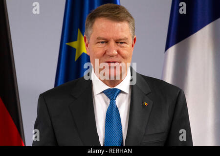 Aachen, Deutschland. 22 Jan, 2019. Klaus Johannis an der Erneuerung des Deutsch-französischen Freundschaftsvertrags im Rathaus. Aachen, 22.01.2019 | Verwendung der weltweiten Kredit: dpa/Alamy leben Nachrichten Stockfoto