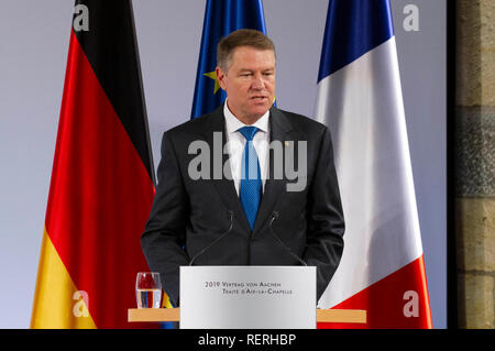 Aachen, Deutschland. 22 Jan, 2019. Klaus Johannis an der Erneuerung des Deutsch-französischen Freundschaftsvertrags im Rathaus. Aachen, 22.01.2019 | Verwendung der weltweiten Kredit: dpa/Alamy leben Nachrichten Stockfoto