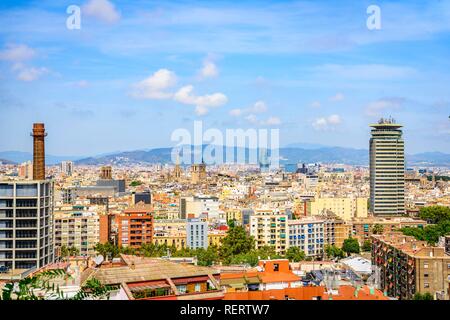 Blick auf die Stadt, vom Castell de Montjuïc, Burg Montjuïc, Barcelona, Katalonien, Spanien Stockfoto