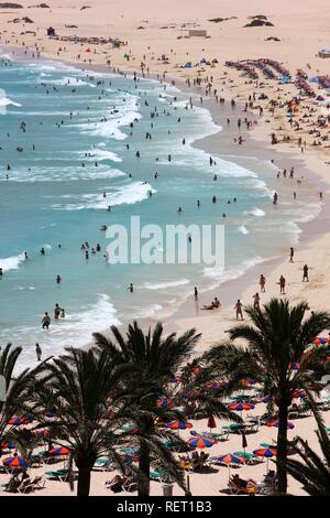 Strand mit Dünen und Urlauber, Grandes Playas, in der Nähe von Corralejo im Norden der Insel Fuerteventura Stockfoto