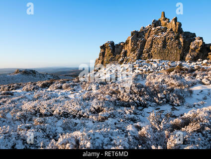 Manstone Rock auf der Stiperstones bei Sonnenaufgang, Shropshire. Stockfoto