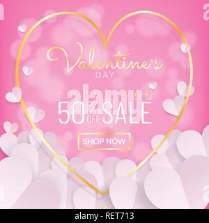 Valentines Tag verkauf Hintergrund im süßen rosa Farbe mit Typografie und gold rahmen mit Bündel weißen Herzen in Papier (Papier Kunst, Digitale craft) st Stock Vektor