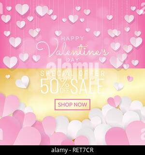 Valentines Tag verkauf Hintergrund Banner in Rosa und Gold, hängende Herzen Dekoration in Papier (Papier Kunst, papercut) Stil mit gold Kalligraphie Grüße Stock Vektor