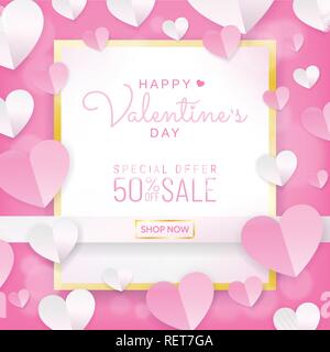 Valentines Tag verkauf Hintergrund Banner, Kalligraphie Grußkarten-Stil in süßen rosa Farbe auf weißem Gold Rahmen mit Papier schneiden Stil (Papier Kunst, digita Stock Vektor