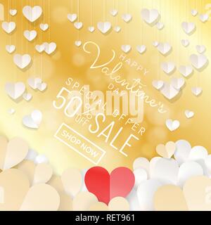 Happy Valentine's Day verkauf Hintergrund Banner mit Papier schneiden Stil Dekoration der hängenden Herzen und rotes Herz aus Papier in der Mitte Design für Web Banner, sa Stock Vektor