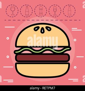 Hamburger mit Getränke ähnliche Symbole auf rosa Hintergrund, Vector Illustration Stock Vektor