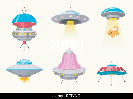Alien Raumschiffen, von UFO unbekanntes Flugobjekt, fantastische Raketen, Kosmische Raumfahrzeuge im Universum Raum. Vector Illustration auf weißem Hintergrund. GUI-Elemente. Flache Spiel, Cartoon Stil. Stock Vektor