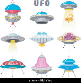 Außerirdische Raumschiffe, Satz von UFO unbekanntes Flugobjekt, fantastische Raketen, Kosmische Raumfahrzeuge im Universum. Vector Illustration auf weißem Hintergrund. GUI-Elemente, Cartoon Stil, Flachbild-Spiel. Stock Vektor