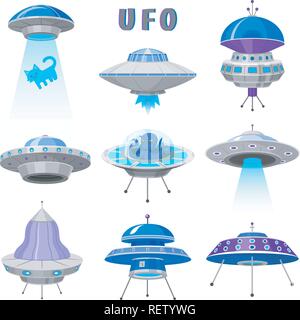 Alien Raumschiffen, von UFO unbekanntes Flugobjekt, fantastische Raketen, Kosmische Raumfahrzeuge im Universum Raum. Vector Illustration auf weißem Hintergrund. GUI-Elemente. Flache Spiel, Cartoon Stil. Stock Vektor