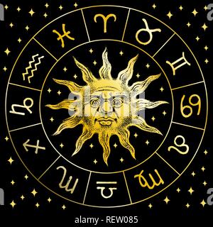 Sternzeichen Sun Symbol. Astrologie Horoskop mit Zeichen. Charakter mit einem Gesicht für Vorlage Kalender. Böhmische classic Vintage Style. Graviert Hand in doodle Skizze gezeichnet. Stock Vektor