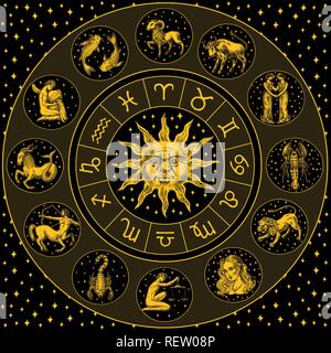 Sternzeichen Rad. Astrologie Horoskop mit Kreis-, Sun- und Schilder. Vorlage Kalender auf schwarzem Hintergrund. Sammlung übersicht Tiere. Poster oder Banner, Aufkleber oder Sticker. Graviert vintage Skizze gezeichnet. Stock Vektor