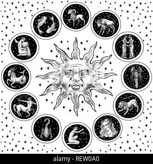 Sternzeichen Rad. Astrologie Horoskop mit Kreis-, Sun- und Schilder. Vorlage Kalender auf schwarzem Hintergrund. Sammlung übersicht Tiere. Poster oder Banner, Aufkleber oder Sticker. Graviert vintage Skizze gezeichnet. Stock Vektor