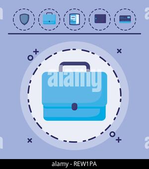 Business Portfolio und Geld verbundenen Symbole über lila Hintergrund, farbenfrohen Design. Vector Illustration Stock Vektor
