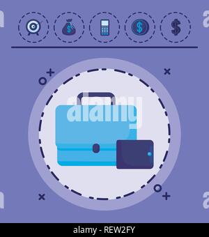 Business Portfolio mit Tasche und Geld ähnliche Symbole über lila Hintergrund, farbenfrohen Design. Vector Illustration Stock Vektor