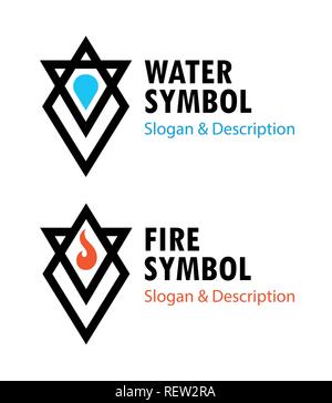 Kreative Zeichen von Feuer und Wasser mit Bildunterschriften - Vektorgrafiken von Wicca Symbole. Stock Vektor