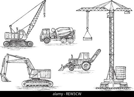 Engineering Fahrzeug. Schweres Gerät für den Bau von Gebäuden. Landwirtschaftliche Maschinen. Kran und agrimotor, Traktoren und Bagger, Beton Lkw für Farm- und Erdarbeiten. Hand gezeichnet Stock Vektor