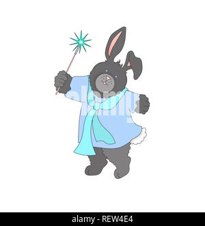 Abbildung: eine niedliche Bunny rabbit trägt blaue Kleidung und mit einer Wunderkerze auf weißem Hintergrund Stockfoto