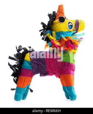 Isolierte Mexikanischen burro Esel piñata. Seitliche Sicht auf farbenfrohe mexikanische Esel piñata auf einem weißen Hintergrund. Stockfoto