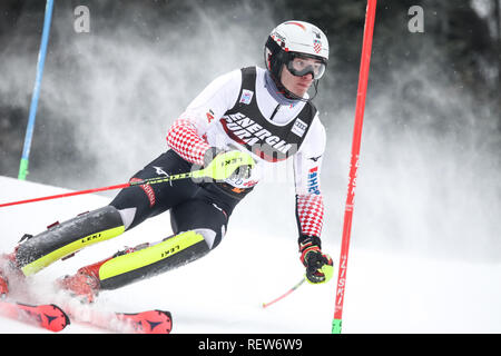 Zagreb, Kroatien - 6. Januar 2019: Istok Rodes aus Kroatien konkurriert während des Audi FIS Alpine Ski World Cup Mens Slalom, Snow Queen Trophy 2019 in Stockfoto