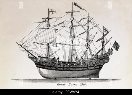 Der große Harry. Berühmte englische Kriegsschiff 1514 erbaut im Auftrag des Königs Henry VIII. Gravur, 18. Stockfoto