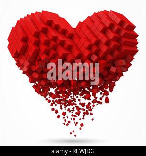 In Herzform, auflösen Datenbaustein. Mit roten Würfel. 3D-Pixel style Vector Illustration. Stock Vektor