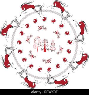 Dekorative Muster im Stil der traditionellen Volkskunst aus dem Norden von Russland, namens Mesen Malerei, mit stilisierten Pferde, Rehe, Bäume, und Zusammenfassung d Stock Vektor