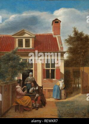 Figuren in einem Innenhof hinter dem Haus. Drei Frauen und ein Mann im Hof hinter dem Haus. Dating: C. 1663 - C. 1665. Maße: H 60 cm x W 45,7 cm. Museum: Rijksmuseum, Amsterdam. Autor: Pieter de Hooch. HOOCH, Pieter de. Stockfoto