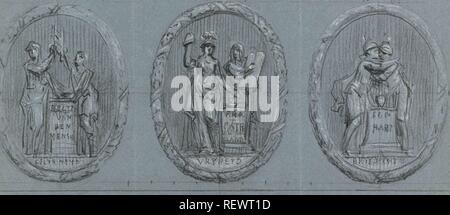 Entwürfe für drei Medaillons: Freiheit, Gleichheit und Brüderlichkeit. Verfasser der Stellungnahme: jurriaan Andriessen. Datierung: 1752 - 1819. Maße: H 207 mm x B 476 mm. Museum: Rijksmuseum, Amsterdam. Stockfoto