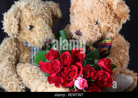 Strauß roter Rosen und paar Teddybären. Niedlichen Teddybären Paar mit Rosen. Happy Valentine's Day card. Romantische Grusskarten für Hochzeit Stockfoto