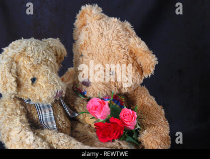 Teddy mit einem Strauß roter Rosen und. Niedlichen Teddybären Paar mit Rosen. Happy Valentine's Day card. Stockfoto