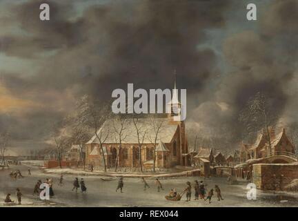 Blick auf die Kirche von Sloten im Winter. Datierung: 1640 - 1666. Ort: Norden der Niederlande. Maße: H 90 cm x w 128cm; d 11 cm. Museum: Rijksmuseum, Amsterdam. Autor: Jan Abrahamsz. Beerstraten. Stockfoto