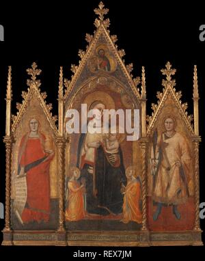 Triptychon mit der Jungfrau mit dem Kind und der Heiligen Maria Magdalena und Ansanus. Dating: 1350. Ort: Florenz. Maße: h 146 cm x w 119,5 cm x t 8 cm; h 91 cm x W 47,5 cm; h 82,5 cm x W 30,5 cm; h 82 cm x W 24,5 cm. Museum: Rijksmuseum, Amsterdam. Autor: genaamd Orcagna Andrea di Cione. Stockfoto