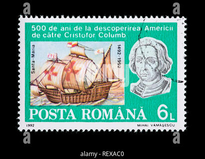 Briefmarke aus Rumänien, die Christoph Kolumbus und der Santa Maria, auf der 500. Jahrestag der Entdeckung der Neuen Welt. Stockfoto