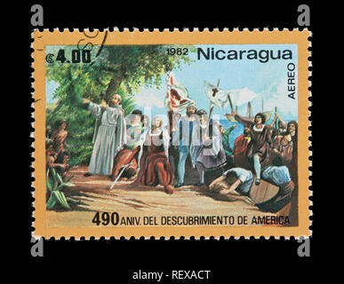 Briefmarke aus Nicaragua, die Christopher Columbus Landung in der Neuen Welt Stockfoto