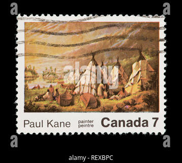 Briefmarke aus Kanada, die die Paul Kane Malerei Indian Camp am Lake Huron. Stockfoto