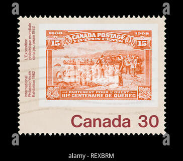 Briefmarke aus Kanada mit der Darstellung eines historischen kanadischen Stempel, ausgestellt für die '91 Internationale philatelistische Jugend Ausstellung in Toronto Stockfoto