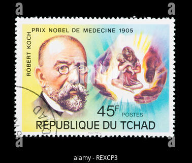 Briefmarke aus dem Tschad, Robert Koch, der Entdecker des Tuberkulose Bakterien Stockfoto